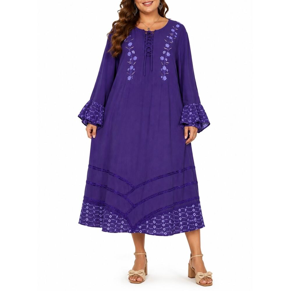 The Pyramid Collection Purple Embroidered Peasant Midi Dress 2X Boho Lace Up